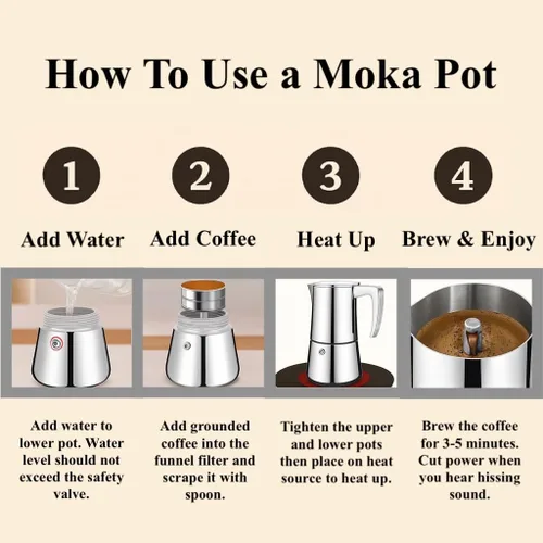 Miniatura 5 de Cafetera de acero inoxidable para estufa, olla italiana Moka, cafetera espresso compatible con inducción con válvula de seguridad (6 tazas)