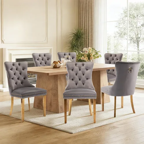 Miniatura 39 de Juego de 4 sillas de comedor de terciopelo, sillas de comedor tapizadas con ribete de cabeza de clavo y patas de madera maciza para cocina
