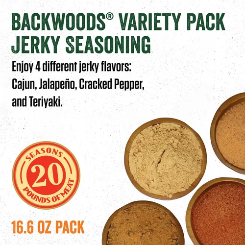 Miniatura 3 de LEM Products Backwoods Charqui Condimento paquete surtido, incluye sabores cajún, jalapeño, pimienta agrietada y teriyaki, ideal para caza