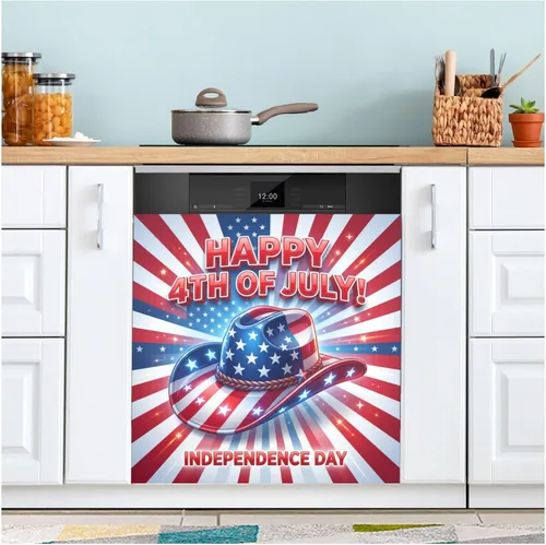 4th of July Cowboy Red Print Dishwasher Magnet Cover Decorative Magnetic Sticker Refrigerator Panel Door Decal for Kitchen Home Cabinet 23" W * 26" H