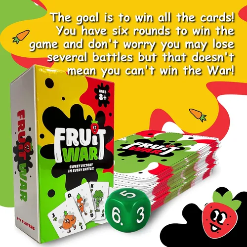 Miniatura 3 de Juegos Fruit War, un juego familiar que es un giro en el clásico juego de cartas de guerra, con juego más rápido, batallas intensas y personajes