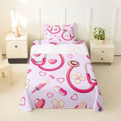 Miniatura 49 de Erosebridal Nurse Sheet Set Stethoscope Twin Sheets Set for Teen Boys,Colorful Medical Healthcare Heartbeat Syringe Fitted Sheet