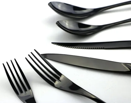 Miniatura 7 de Juego de cubiertos de acero inoxidable negro pulido con espejo, cuchillo de carne, tenedor, tenedor de ensalada, cuchara de postre, 24 piezas
