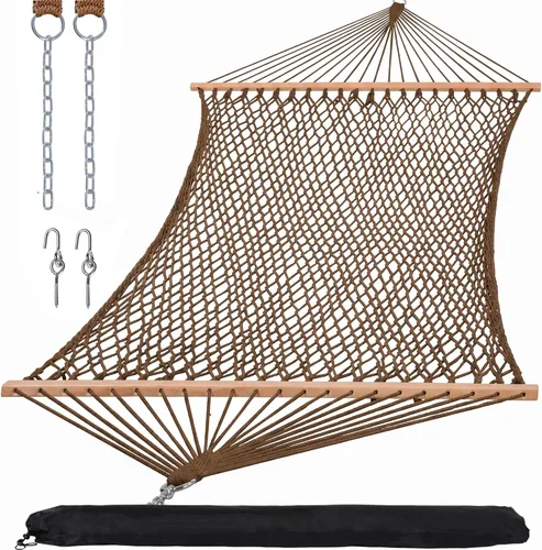 Miniatura 11 de SUNCREAT Hamaca doble de cuerda tradicional Hamaca doble con barra esparcidora de madera dura y bolsa de transporte, capacidad de 450 libras, natural