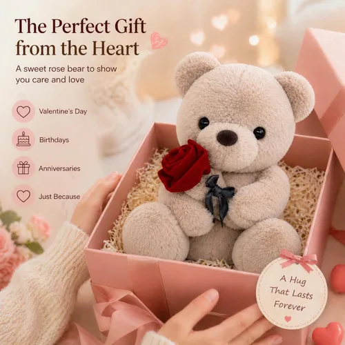 Miniatura 8 de Oso de peluche de San Valentín con rosa, lindo oso de peluche para tu ser querido, novia, cumpleaños, San Valentín, Navidad (9.84 pulgadas, marrón)