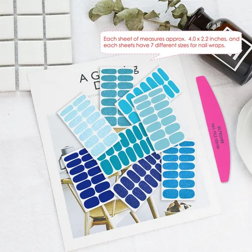 Miniatura 4 de 8 hojas de esmalte de uñas azules para mujer, calcomanías de esmalte de uñas de color sólido con purpurina para pegar en tiras de esmalte de uñas
