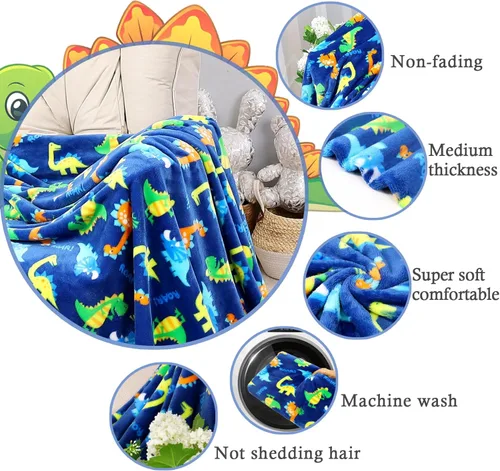 Miniatura 4 de Mantas de forro polar cálidas y suaves para niños pequeños con estampado de patrón de dinosaurio - Manta tipo throw acogedora de franela de felpa