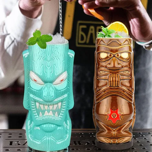 Miniatura 5 de SuproBarware Tiki - Juego de 4 tazas grandes de cerámica hawaiana para fiesta, cócteles, copas tropicales de primera calidad, bonitas copas