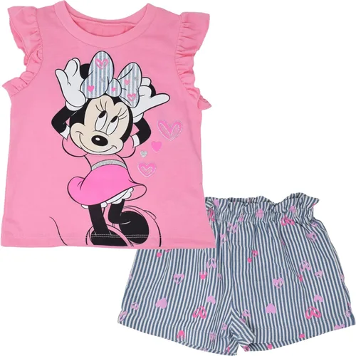 Miniatura 60 de Disney Minnie Mouse - Conjunto de camiseta floral arcoíris y pantalones cortos de cambray, tallas de bebé a niño grande (12 meses - 14-16)