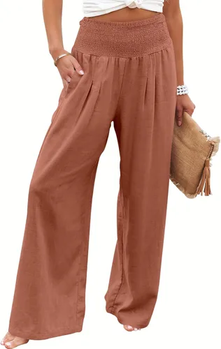 Caracilia Pantalones palazzo de lino para mujer, estilo bohemio, pierna ancha, cintura alta, fruncidos, informales, con bolsillo