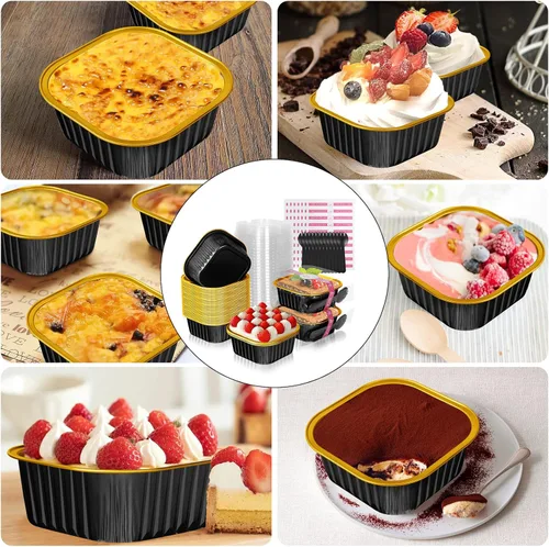 Miniatura 7 de Moldes para brownies de papel de aluminio de 10 oz con tapas y cucharas, paquete de 40 moldes cuadrados desechables de 4"X4", ramekins, moldes