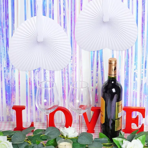 Miniatura 4 de Yolyoo 24 abanicos de boda blancos plegables de papel con forma de corazón con mango de plástico para fiestas de cumpleaños, suministros de verano