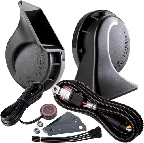 FARBIN Kit de bocina de coche ruidosa de 12 V con arnés de relé y botón de interruptor para camión, coche, tren, motocicleta (bocina negra con arnés