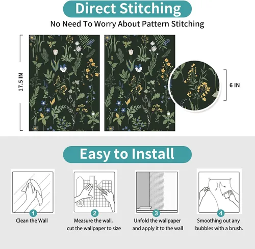 Miniatura 3 de Papel tapiz para despegar y pegar, papel tapiz floral bohemio de 17.5 x 78.7 pulgadas para dormitorio y baño, fácil de despegar, apto para inquilinos