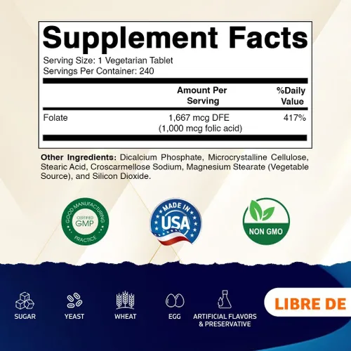 Miniatura 2 de Vitamatic Ácido fólico 1000 mcg (1 mg) - Tabletas vegetarianas - 1667 mcg DFE - Vitamina B9 (240 unidades (paquete de 1))