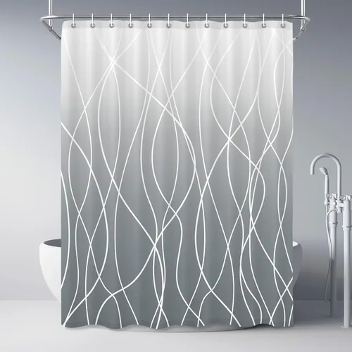 Miniatura 8 de Juego de cortinas de ducha azul egeo para baño con ganchos, cortinas de baño decorativas repelentes al agua y lavables con rayas blancas, 72 x 72
