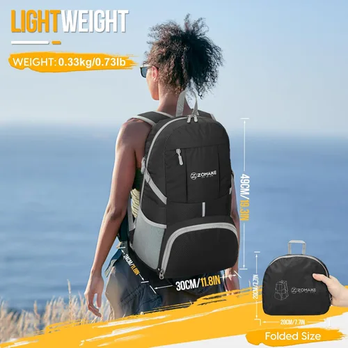 Miniatura 2 de Mochila de viaje Zomake ligera para senderismo, resistente al agua, mochila plegable para mujeres y hombres Negro