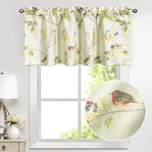 VOGOL Cenefa de estilo rústico para filtrar la luz, con bolsillo para barra, cortina de cenefa de campo con estampado de pájaros para cocina, 52 x