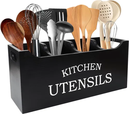 Soporte para utensilios de cocina de madera, extra grande, 4 compartimentos, con parte inferior de drenaje para encimera, organizador de