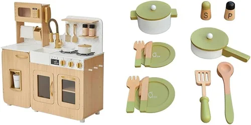 Teamson Kids Juego de utensilios de cocina de madera de Chipre con 14 piezas. Cocina de juego de simulación con fregadero, horno, utensilios, ollas