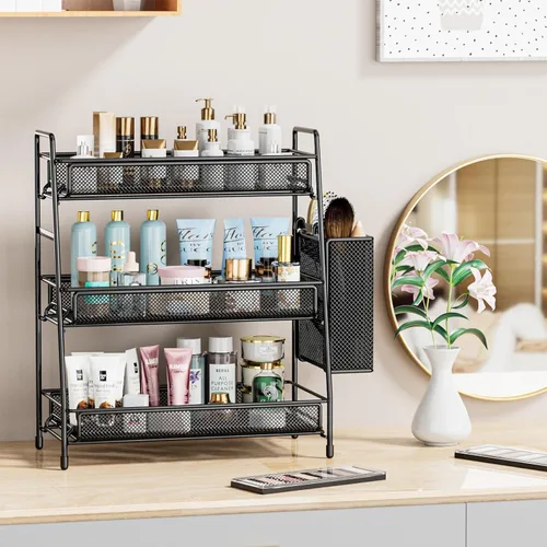Miniatura 3 de EKNITEY Organizador de encimera de baño con estante de 3 niveles - Estante de especias de 3 niveles de metal, organizador de maquillaje, pequeña