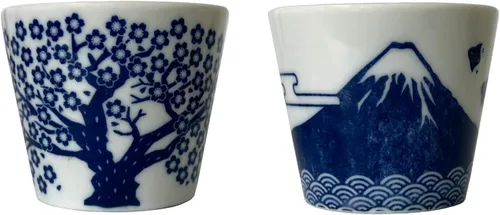 Miniatura 3 de Juego de 2 tazas de sake japonesas - Sakura y Monte Fuji Design, cerámica de color índigo, 3.9 onzas líquidas, para bebidas frías y calientes, taza