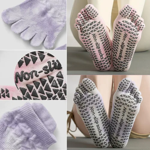 Miniatura 3 de CHUNFO Calcetines de agarre para mujer, calcetines de yoga para pilates, antideslizantes, teñido anudado, coloridos, de algodón, de compresión