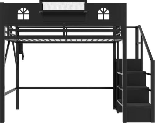 Miniatura 6 de SOFTSEA Cama tipo loft de metal completo con escaleras y armario, cama alta para niños con barandillas en forma de casa y estantes de Negro