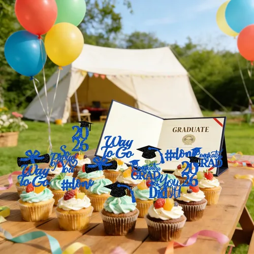 Miniatura 4 de Decoraciones de graduación 2026 azul, adornos para cupcakes de graduación 2026 azul y negro, suministros de decoración para cupcakes clase de 2026