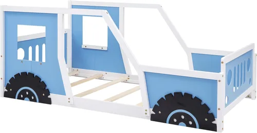 Miniatura 6 de SOFTSEA Cama de suelo tamaño individual con forma de automóvil con ruedas, marco de cama Montessori con valla y puerta para niños y niñas, soporte