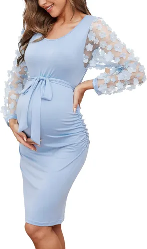 Vestido midi de maternidad de manga larga con malla floral, vestido ajustado de maternidad para baby shower, sesión de fotos