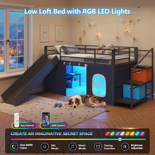 Miniatura 4 de DICTAC Cama alta baja con tobogán, escalera de almacenamiento y luces LED, cama alta de metal tamaño individual con espacio de juego debajo