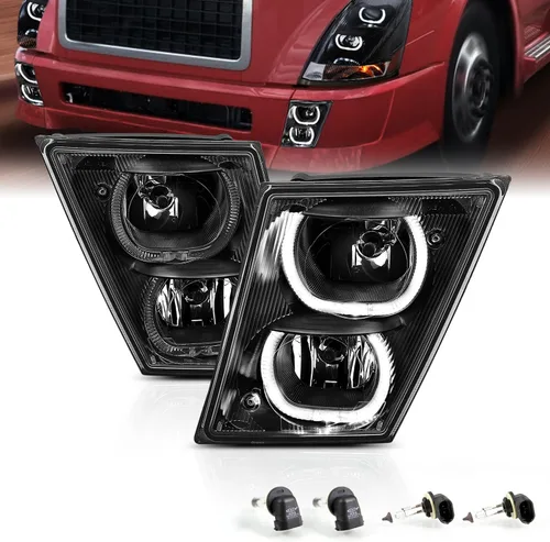 AmeriLite Para Volvo VN VNX VNL VNM 2003-2017 Truck Black Dual LED Halo Bar Parachoques Luces antiniebla de repuesto Par con cableado - Lado del