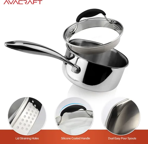 Miniatura 4 de AVACRAFT Cacerola de acero inoxidable de tres capas con tapa coladora de vidrio, dos picos vertedores laterales, mango ergonómico, cacerola