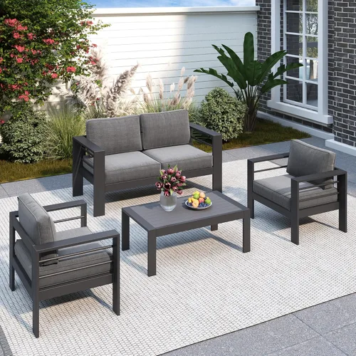 Miniatura 18 de Solaste Juego de muebles de patio de aluminio para todo tipo de clima, moderno juego de muebles de metal para exteriores con asientos profundos
