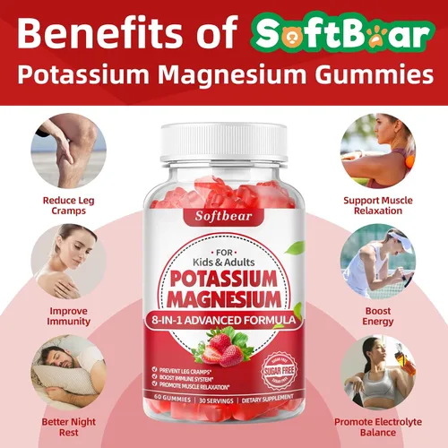 Miniatura 3 de softbear Gomitas de potasio para adultos, suplemento de magnesio y potasio de alta absorción con vitamina B6 para calambres en las piernas y salud
