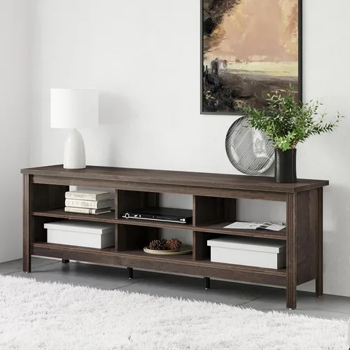 WAMPAT Soporte de TV de granja para TV de 75 pulgadas, centro de entretenimiento de madera para mesa consola de TV de 80 pulgadas con 6 Nogal