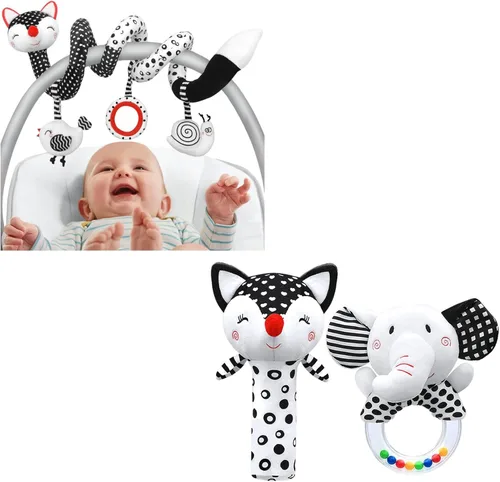 XIXILAND Juguetes de asiento de coche en blanco y negro y sonajeros de bebé de alto contraste de 0 a 6 meses, juguetes para recién nacidos, juguetes