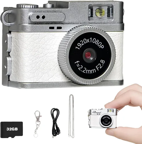 Miniatura 10 de Mini cámara retro, cámara con llavero 1080P, grabadora de video digital vintage con tarjeta de 32 GB, micro grabadora HD retro de 0.96 pulgadas