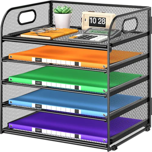 Cawukege Organizador de papel de 5 niveles con asa, organizador de escritorio de malla de metal negro, carpeta de archivos, bandeja de cartas,