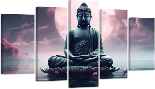 Miniatura 7 de ZXHYWYM Lienzo decorativo para pared, 5 piezas, estatua de Buda, pintura de loto, imágenes de loto, obras de arte de spa zen para oficina, 1
