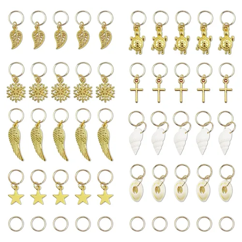 JIALEEY 50 anillos para trenzar el cabello, 50 piezas de pinzas para el cabello, anillo dorado, concha, hojas, estrella, caracola, copo de nieve,