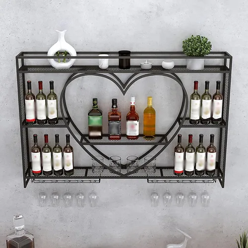 Miniatura 2 de Floating Wine Rack with Glass Holder and Heart Shaped Shelves Gold Wine Display Stand for Living Room or Wine Cellar Holds Liquor Bottles and Wine