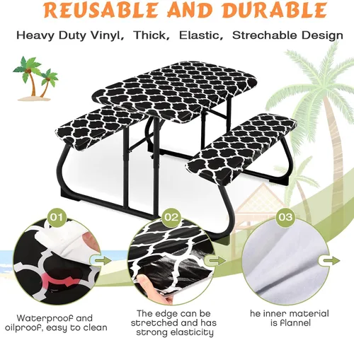 Miniatura 3 de Moukeren Funda de mesa de picnic de 3 piezas para niños con fundas de banco, mantel ajustable para exteriores, vinilo impermeable, para camping