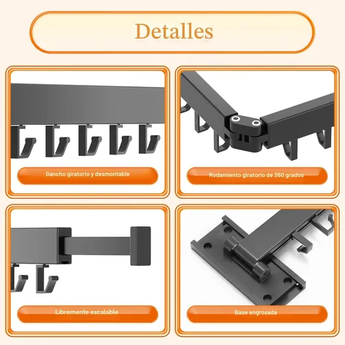 Miniatura 5 de HEILAIYI Estante de Secado de Ropa para Lavandería, Perchero de Ropa Montado en la Pared, Plegable, Retráctil, Plegable (Con Ganchos en Forma de J)