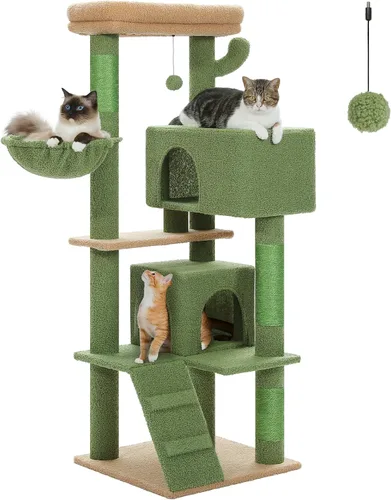 Miniatura 11 de Árbol para gatos de interior, 2 acogedores condominios con espaciosa percha superior, torre para gatos de varios niveles de 56.3 pulgadas con postes