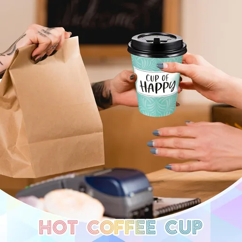 Miniatura 3 de Gerrii Paquete de 100 Tazas de Café Desechables con Tapas y Pajitas, Tazas de Papel Motivacionales con 6 Frases y Diseños, Tazas Calientes