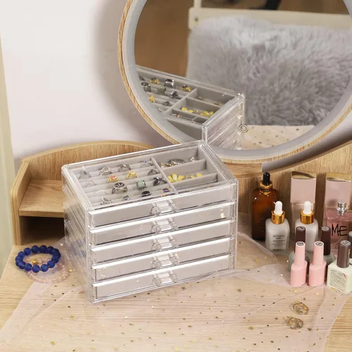 Miniatura 4 de Cq acrylic Organizador de joyas con 5 cajones caja de joyería de acrílico transparente regalo para mujeres hombres niños y niñas apilable