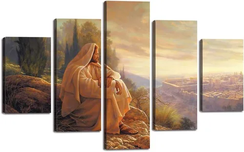 Miniatura 17 de The Last Supper - Pintura sobre lienzo para pared de sala de estar, 5 piezas, arte de pared de la última cena, retro, vintage, de madera, moderno