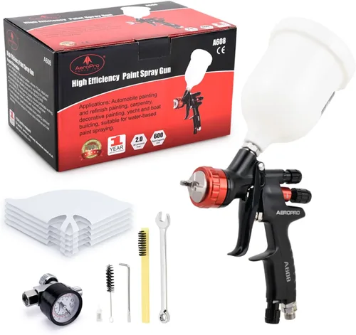 Miniatura 8 de AEROPRO Tools A608 HVLP - Kit de pistola pulverizadora de aire, boquilla de 1.3mm, regulador, 5 coladores de pintura, taza de 600cc, pistola